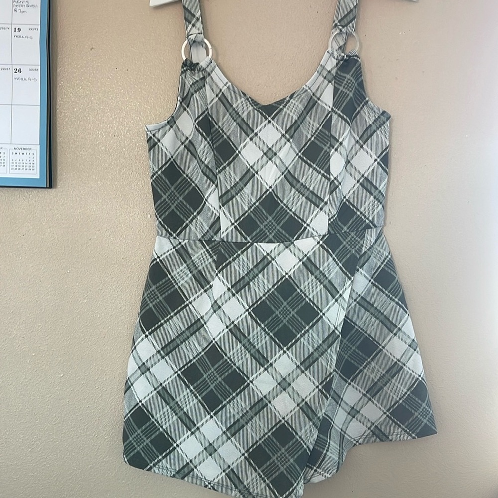 Green and white plaid slip on romper